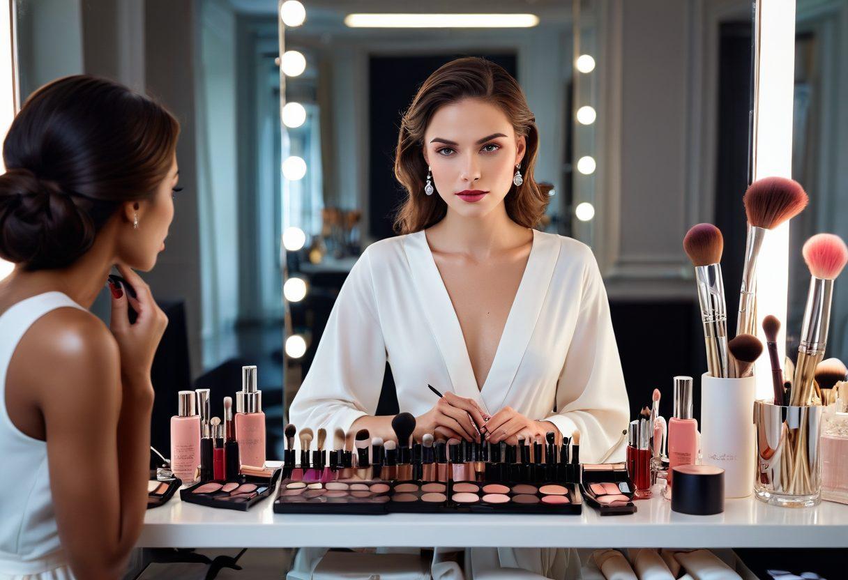 A sophisticated modern woman gazing elegantly into a mirror, with subtle highlights of makeup essentials like brushes, lipsticks, and eyeshadow palettes artfully arranged around her. The scene is bathed in soft, graceful lighting, with an airy, clean aesthetic that exudes class and subtle luxury. Super-realistic. Vibrant colors. White background.