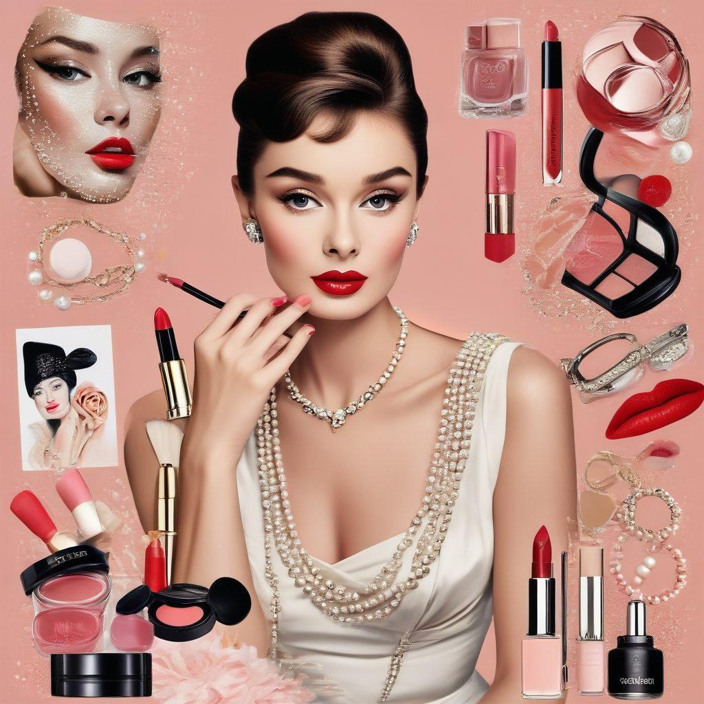 A stunning collage showing the evolution of beauty trends from classic elegance (vintage makeup, Audrey Hepburn style) to contemporary glamour (modern makeup, red carpet looks). Featuring a mix of beauty products, iconic accessories, and portrait illustrations. Blending rich, sepia tones for the vintage side transitioning to vibrant, glossy hues for the modern side. cinematic feel. vibrant colors.